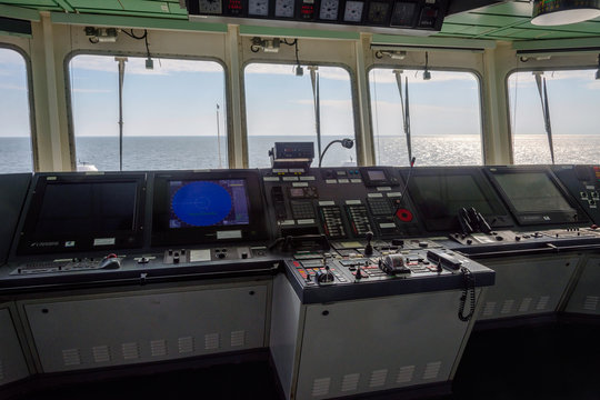 View from the captain's cabin on cargo vessel