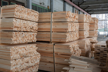 Warehouse: fastened sawn rectangular wooden pine sticks.