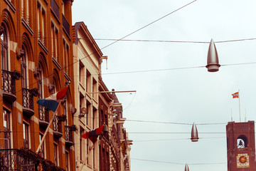 Beautiful street view of Traditional old buildings in Amsterdam,