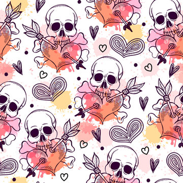 Seamless pattern with skull and heart. Freehand drawing