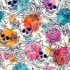 Fotobehang Doodshoofd met bloemen Naadloze patroon met schedel en rozen. Tekenen uit de vrije hand
