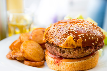 Cheese burger - American cheese burger with Golden French fries