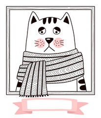 Cartoon sick cat in scarf. Template cards or invitations