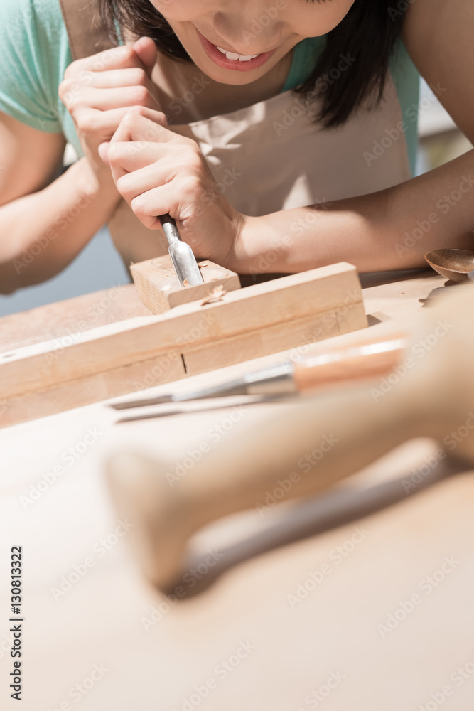 Poster woman woodworking smile happily