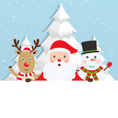 Santa Claus with reindeer and a snowman on snowy background with Christmas trees. Winter greeting card.