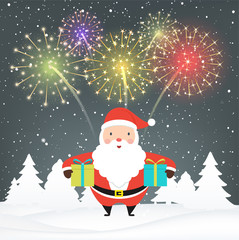 Santa Claus with gifts on snowy background. Festive colorful fireworks at night.