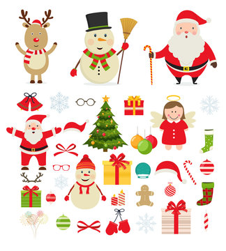 Christmas characters and festive new year decorations. Santa Claus, snowman, reindeer, decorations for Christmas trees, gifts.
