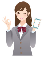 女子高生　スマホ　オッケーサイン