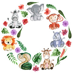 Obraz premium Watercolor jungle friends Animals, africa, tropical leaves
