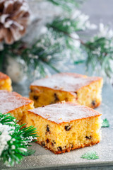 Orange cake with chocolate chips in the Christmas decor