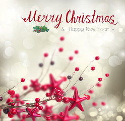 Fototapeta na wymiar branch of christmas stars and berries on silver bokeh background with merry christmas greetings
