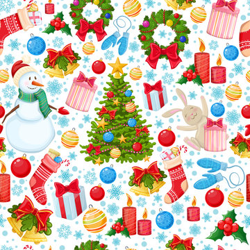 Seamless pattern of Christmas icons. Colorful cartoon Christmas illustration for decoration. Vector.