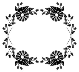 Round black and white frame outline decorative flowers. Copy space. 