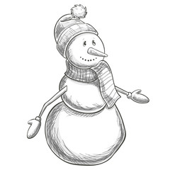 Sketch of cheerful Christmas snowman on a white background. Vector.