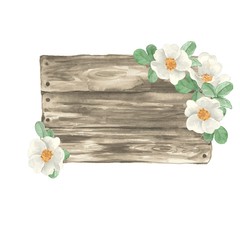 Wooden sign and flowers. Watercolor illustration 3. Hand drawn elements for design 
