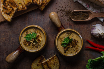 Creamy soup with roasted cauliflower and cabbage