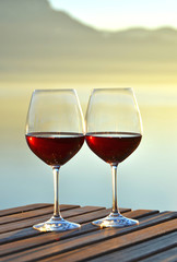 Wine against vineyards in Lavaux, Switzerland