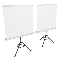 Blank Roll Up Expo Banner Stand on Tripod. Trade show booth white and blank. 3d render illustration isolated on white background. Template mockup for your expo design.