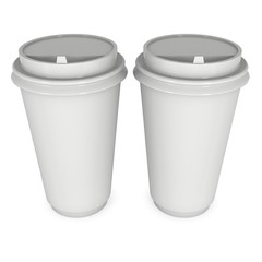 Disposable coffee cups. Blank paper mug with plastic cap. 3d render isolated on white background