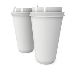Disposable coffee cups. Blank paper mug with plastic cap. 3d render isolated on white background