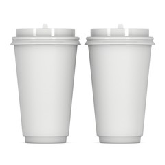 Disposable coffee cups. Blank paper mug with plastic cap. 3d render isolated on white background