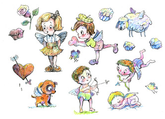 holiday, angel, valentines day, a set of characters, cartoon drawing