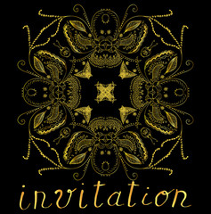 Vector card with golden elements and hand drawn word invitation. Holiday greeting card.