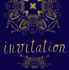 Vector card with golden elements and hand drawn word invitation. Holiday greeting card.