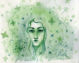 Hand painted watercolor woman face in green colors. Spring allegory. Fashion seasonal portrait. 