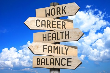 Wooden signpost - work balance (work, career, health, family, balance).