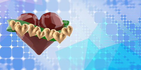 Happy Valentine day Flying red chopped heart with green ribbon and gold hearts. On blue abstract square polygonal background. 3d illustration