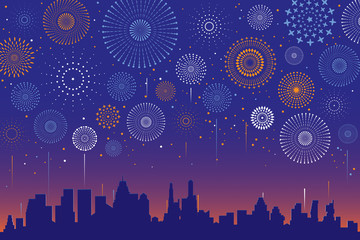 Illustration vectorielle d& 39 un feu d& 39 artifice festif sur la ville la nuit pour la conception de fond de vacances et de célébration.