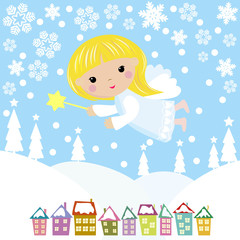 Cute Christmas angel. Christmas Angel flies in the night sky over the city and trees.                                                                                                                   