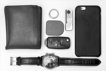 Every day carry man items collection isolated on white. Black and white. BW