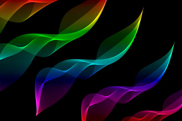 colored lines, waves, smoke, black background, abstraction
