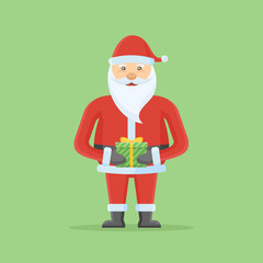 Santa Claus holding a Christmas gift in hands on green background. Flat style vector illustration.