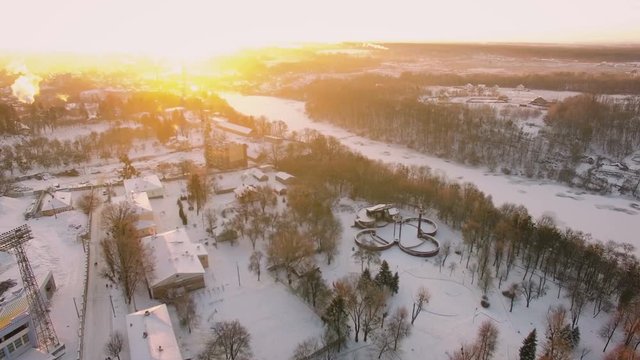Aerial winter sunrise at small town