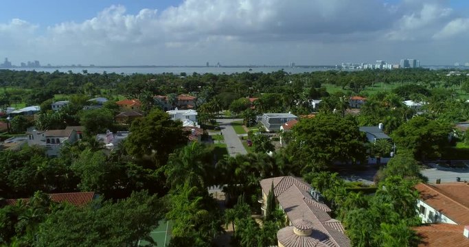 Aerial footage of mansions and estates on La Gorce Island Miami Beach