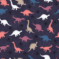 Cute kids pattern for girls and boys. Colorful dinosaurs on the abstract grunge background create a fun cartoon drawing. The background is made in neon colors. Urban backdrop for textile and fabric.