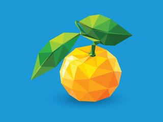 One bright yellow orange with shiny green leaf on blue background, low polygon crystal fruit isolated, fresh nature illustration, glossy style