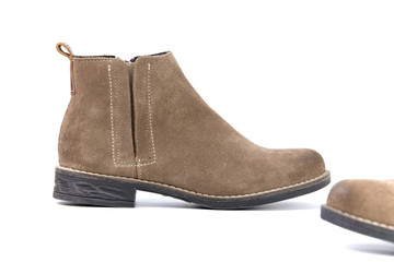 male boots brown leather on white background, Isolated product, Top View