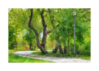 Winding Path by Willow Tree - Red Bench