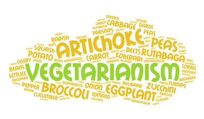 Vegetarianism. Word cloud, healthy eating, italic font, white background. Food concept.