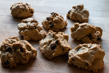 Chocolate Chip Cookies on wooden surface..