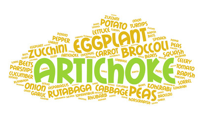Artichoke. Word cloud, healthy eating, italic font, white background. Food concept.
