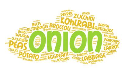 Fototapeta premium Onion. Word cloud, healthy eating, italic font, white background. Food concept.