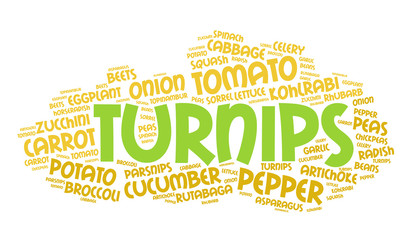 Turnips. Word cloud, healthy eating, italic font, white background. Food concept.