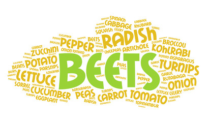 Beets. Word cloud, healthy eating, italic font, white background. Food concept.