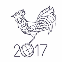 Black and white illustration of rooster, symbol 2017 Chinese calendar. Art sketch cock.