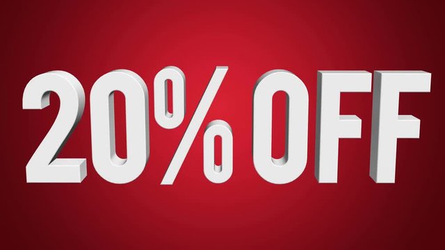 20 percent off 3d letters rotate on red background. 3d render 4K and Full HD footage. Alpha matte included.